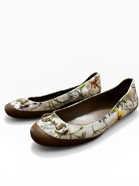 Gucci White Flora Canvas Iconic Classic  Horsebit Ballet Flats EU 37 US 7